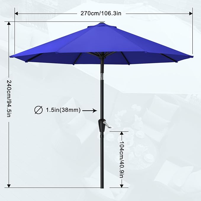 MASTERCANOPY 9FT Patio Umbrella with Push Button Tilt and Crank, Outdoor Market Umbrella with 8 Sturdy Ribs, UV Protection & Waterproof for Garden, Deck, Backyard, Pool (Blue)
