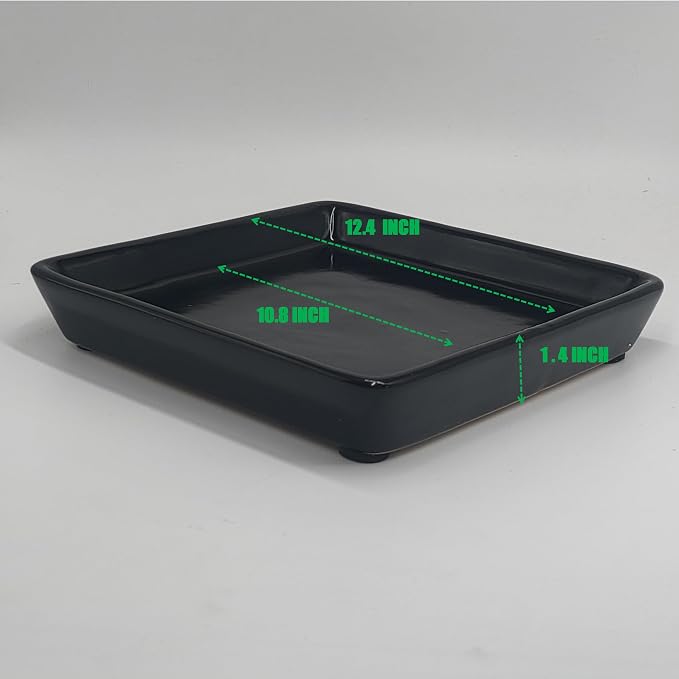 Square Ceramic Plant Saucer Tray 10 11 12 Inch Black,12.4" OD x10.8 ID x1.4 Deep, Sturdy Heavy Duty Glazed Planter Drip Flower pots with Catch Basin for Indoor Outdoor Plants(12" Black)