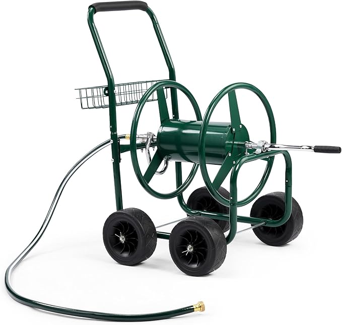 VINGLI 300FT 5/8in Garden Hose Reel Cart, 4-Wheel Portable Residential Hose Reel Cart, Hose Guide System with Storage Basket, Rust Resistant, for Family Yard, Garden and Farm (Green)