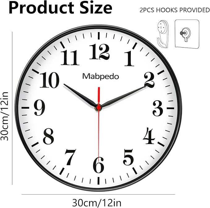 12 Inch Wall Clocks Battery Operated, Modern Wall Clock, Large Number Classic Silent Non Ticking Analog Decorative Wall Clocks for Living Room Bedroom Kitchen Gym Office Outdoor Clock, Black
