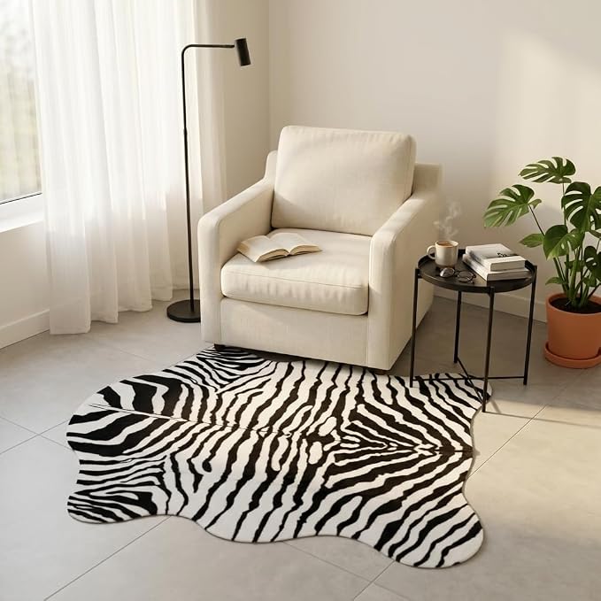 MustMat Zebra Print Rug,Modern Minimalist Area Rug 4'7''×5'3'' | Black & White Zebra Pattern. Fits Apartments, Offices. Complements Industrial & Rustic Decor, Suitable For Holiday Parties