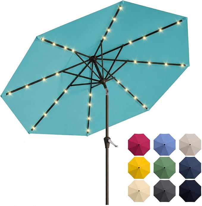 10FT Solar Patio Umbrella with Lights, Outdoor Table Market Umbrella with 32 LED Lights, 8 Sturdy Ribs, Push Button Tilt and Crank for Pool, Deck and Garden, UV-Resistant