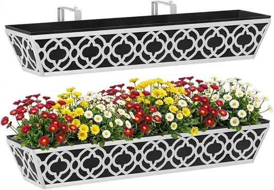 Y&M 30'' Hanging Railing Planter Box Set with Black Non-Woven Fabric Liner, 2 Pcs Large Metal Flower Boxes with Adjustable Brackets for Balcony, Deck, Fence, and Garden - Gray