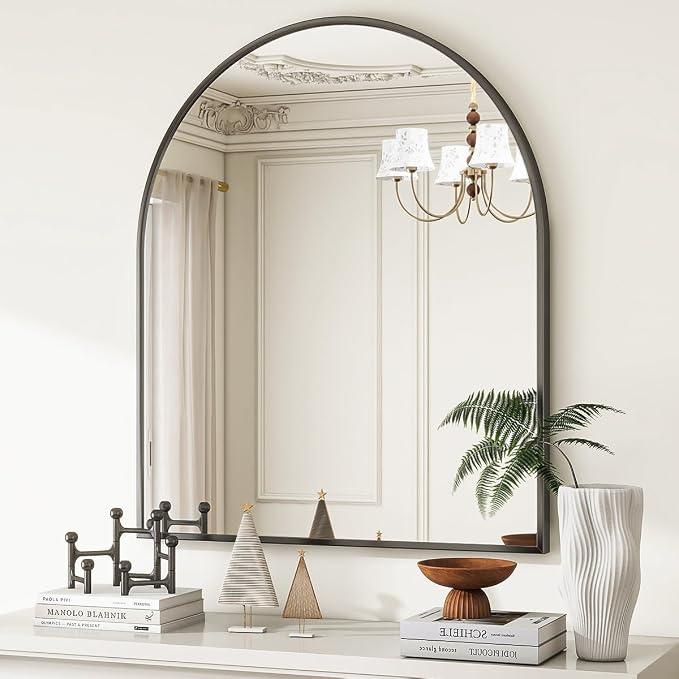 Arched Wall Mirror, 26 x 28 inch Arch Bathroom Mirror, Wall Mounted Vanity Mirror with Arch Metal Frame, Modern Bathroom Vanity Mirror for Bedroom, Living Room, Hanging or Leaning, Black