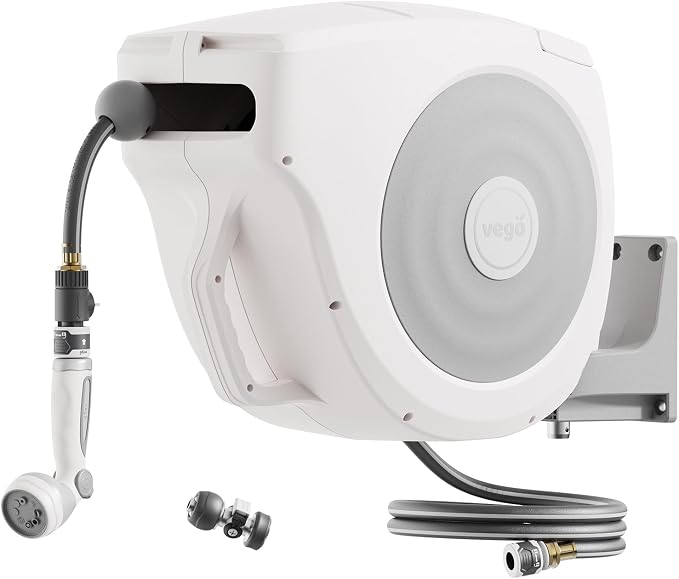 Vego Garden Hose Reel Retractable Hi-Flow Wall Mounted Hose Reel Automatic Rewind, Any Length Lock with 9 Patterns Sprayer Nozzle, Quick Connector and Adjustable shot Nozzle (Cloud White, 82ft)