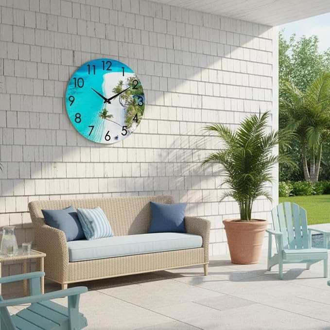 14 Inch Outdoor Clock Waterproof – Tempered Glass Silent Non-Ticking, Tropical Beach Theme Nautical Coastal Decor Wall Clock for Patio Pool Garden Bathroom