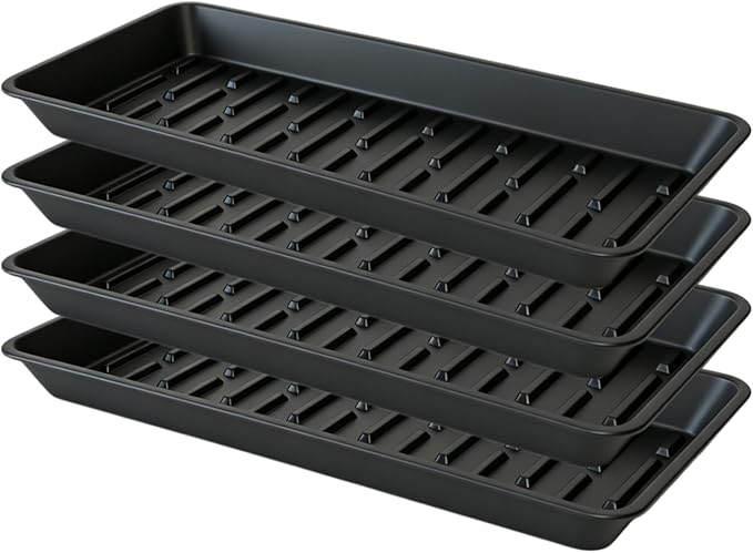 4 Pack Plant Saucer Tray 6.5 x 13 Inch, Heavy Sturdy Long Narrow Plastic Plant Drainage Tray No Holes, Drip Tray for Pots, Seed Starter Growing Tray, Black
