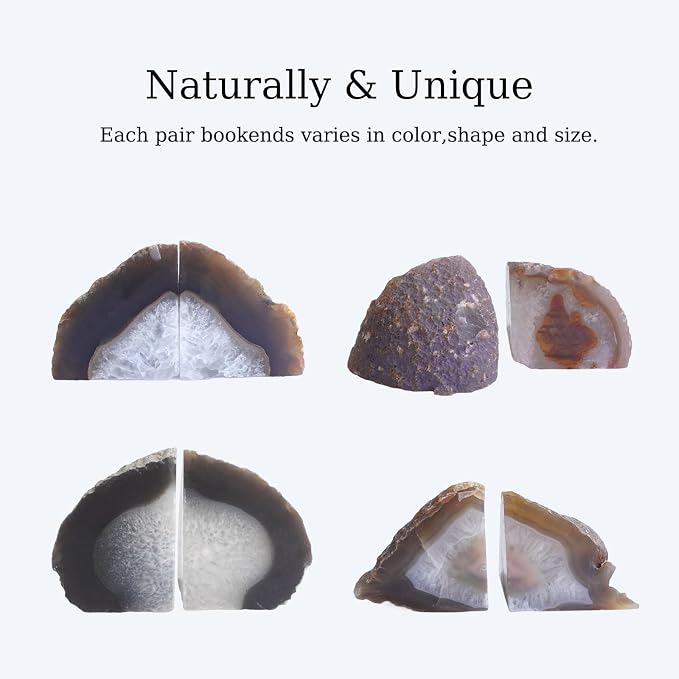 Natural Agate Geode Bookends - 4 to 5 lb Heavy Duty Rock Crystal Stone Book Ends for Shelves, with Rubber Bumpers, Decorative Book Holders for Home Office