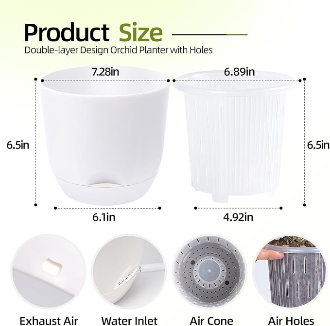 7.2Inch White Orchid Pots with Holes for Repotting, Double-Layer Plastic Self Watering Flower Pots for Indoor Plants with Drainage Holes, Clear Orchid Pot Match Decorative Orchid Container, 5 Packs