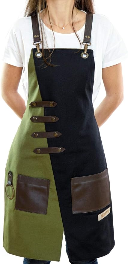 MONAPRON Apron for Women and Men Waterproof Canvas Extra Pocket for Chef Barista Gardening BBQ Grilling Crossback Unisex