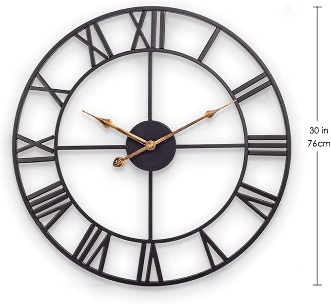 Large Industrial Wall Clock with Roman Numerals, Indoor Silent Non-Ticking Retro Clock, Vintage Metal Decorative Black Metal Art Clock Battery Operated for Home Kitchen Cafe Hotel Office Decor