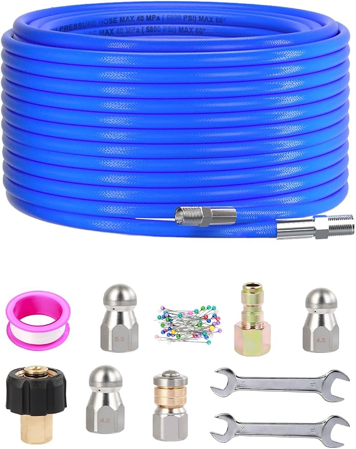 Sewer Jetter Kit for Pressure Washer 50FT, 5800 PSI Water Jet Drain Cleaner Hose 1/4 Inch NPT Corner, Rotating and Button Sewer Jetting Nozzles, Waterproof Tape, Spanners, and Pearl Corsage Pin