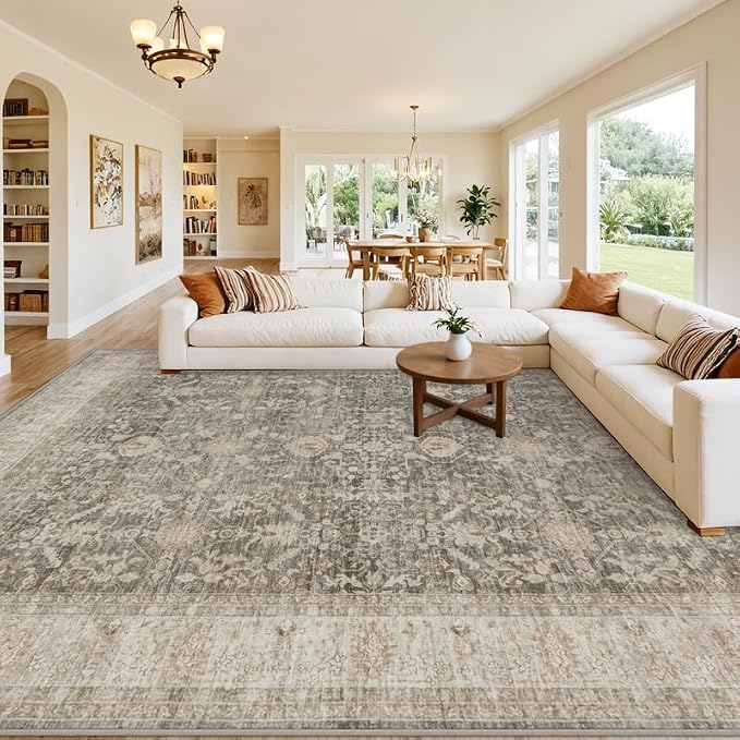 8x10 Area Rugs Living Room: Bedroom Washable Carpet Warm Taupe | Large Vintage Boho Indoor Decor Neutral Soft Nursery Farmhouse Dining Room Office Floor Non-Slip Low Pile Under Table Rug