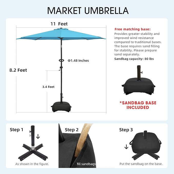 wikiwiki 11FT Patio Umbrella with Base, Outdoor Umbrellas with Base Included, 8 Sturdy Ribs, Waterproof Fade Resistant POLYESTER DTY Canopy for Deck, Lawn, Garden, Backyard & Pool, Sky Blue