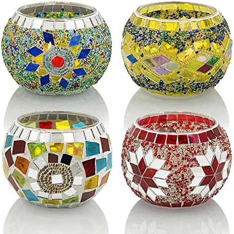 SHMILMH Glass Candle Holder Set of 4, Diwali Gift Votive Candle Holders Handmade Mosaic Glass Tealight Holders Diwali Christmas Table Decorations for Home - Image 2