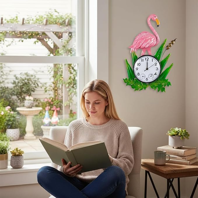 Outdoor Clock Silent Non-Ticking, Outdoor Wall Clocks with Thermometer & Humidity, Quartz Clocks Waterproof Decor for Patio Garden Living Room（Pink Flamingo）
