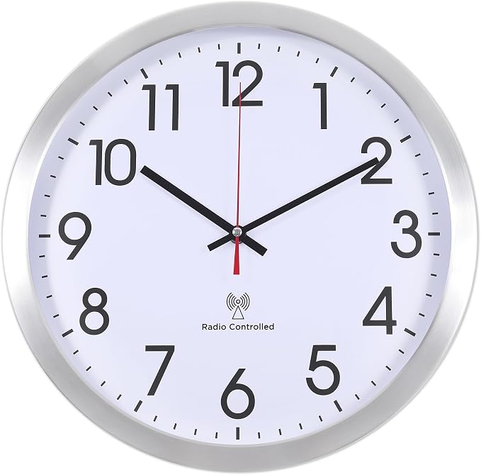 Atomic Analog Wall Clock, 14Inch Radio Controlled Sets Automatically Wall Clock, Aluminum Frame WallClock for Home School Office