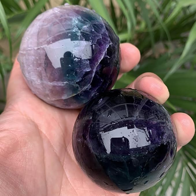2-2.4 inch Natural Fluorite Crystal Ball with Stand, Hand Polished Colorful Fluorite Sphere, Reiki Healing Energy Stone, Home Desktop Decor Ornament