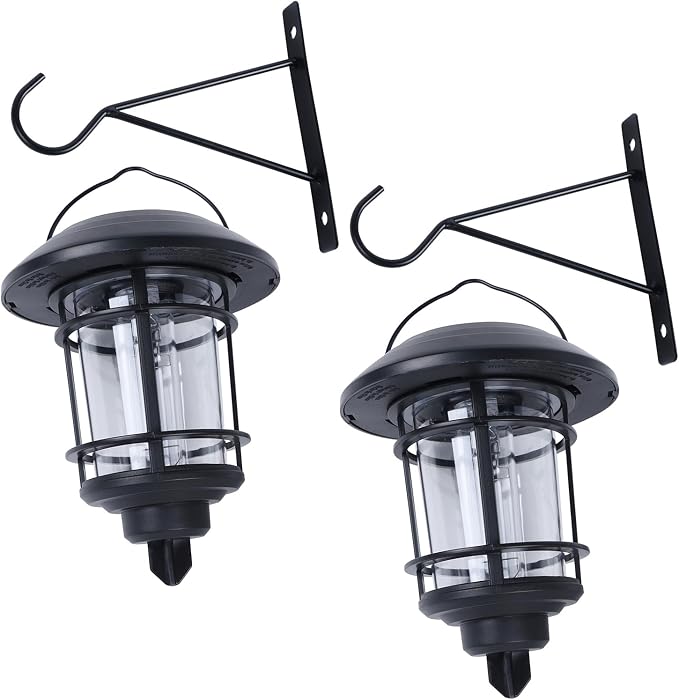 Dynaming 2 Pack Solar Lanterns Outdoor, Hanging Lantern Solar Garden Lights with Edison Bulb, Wall Mounted LED Light Auto On/Off, Waterproof for Garage Stair Patio Front Porch Yard, Warm White