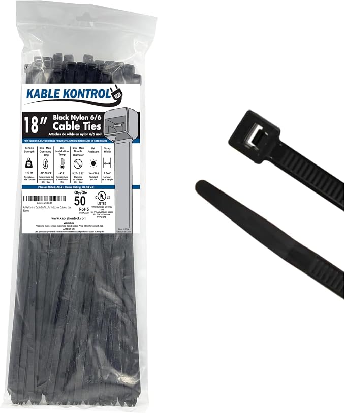 Kable Kontrol Cable Zip Ties 50 Pcs 18 Inch Black, 175 Lbs Tensile Strength, Self-locking UV Resistant Plastic Nylon Wire Ties, for Indoor or Outdoor Use