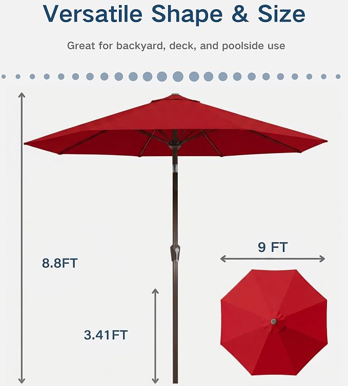 PatioKingdom Auto-Tilt 9FT Patio Umbrella Outdoor with 8 Sturdy Fiberglass Ribs,Market Table Umbrella for Pool,Backyard,Deck and Garden