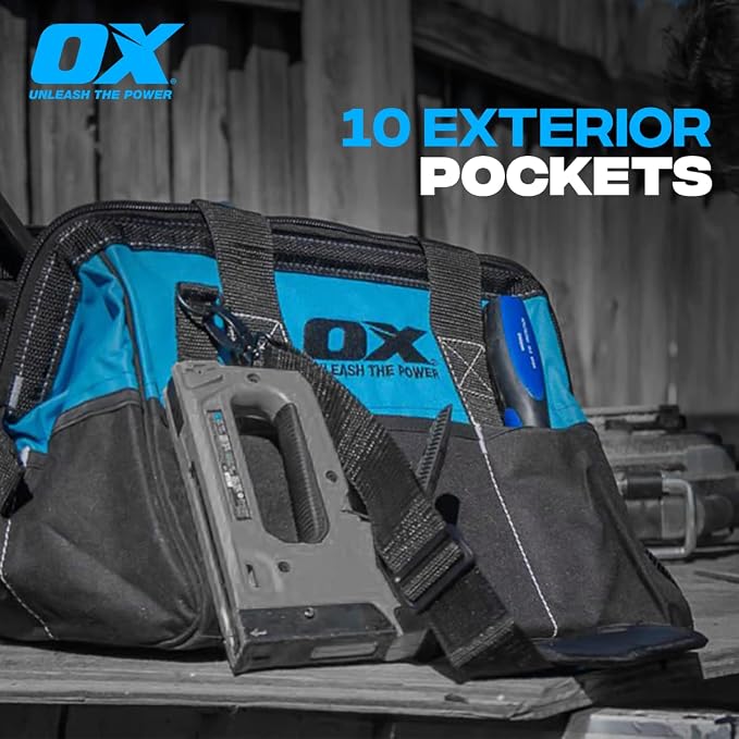 OX Pro 15-Inch Wide Mouth Tool Bag with Shoulder Strap Heavy Duty PVC Nylon with Reinforced Stitching - Bulto Para Herramientas