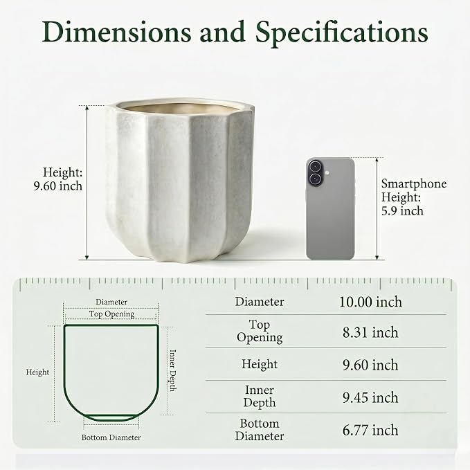 10 Inch Plant Pot – Ceramic Planter with Drainage Hole & Removable Drain Plug, Decorative Flower Pot for Indoor Outdoor Plants, Modern Round Large Planter, Cream White