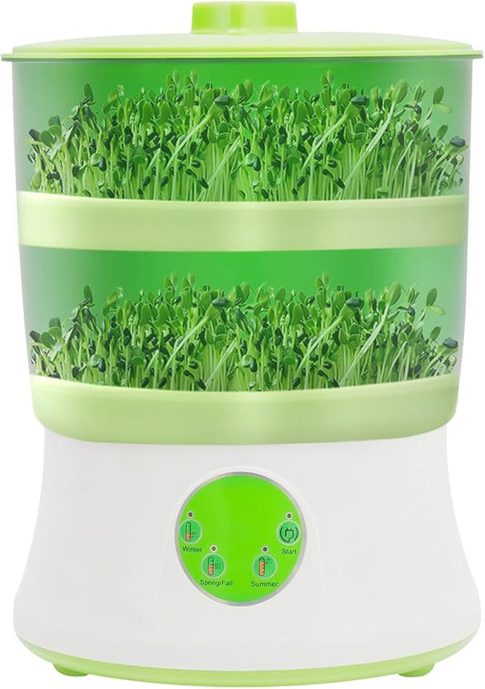 Bean Sprouts Grow Kit Sprouts Growing Kit 2-Layer 110V Smart Sprouter with 360°Sprinkler and 3 Seasonal Modes, Indoor Bean Sprout Maker for Soybean, Mung Bean, Radish, and Wheatgrass