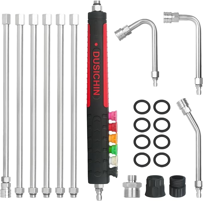 DUSICHIN Pressure Washer Extension Wand Gutter Cleaning 8 FT Garden Hose Adapter, Upgarded Soft Handle 6 Nozzle Tips 3 Curved Rod for Gutter, 1/4" M22-14mm Fitting 3/4" GHT Connector DUS2612