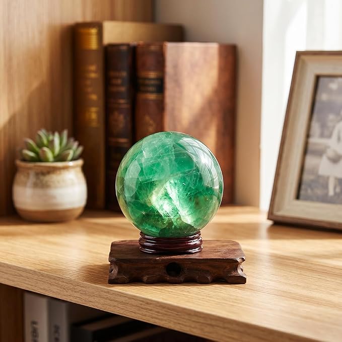 1.6-2 inch (4-5 cm) Natural Green Fluorite Crystal Ball with Stand, Hand Polished Gemstone Sphere, Reiki Healing Decorative Stone Sphere, Feng Shui Home Ornament, Mineral Crystal Collection Gift