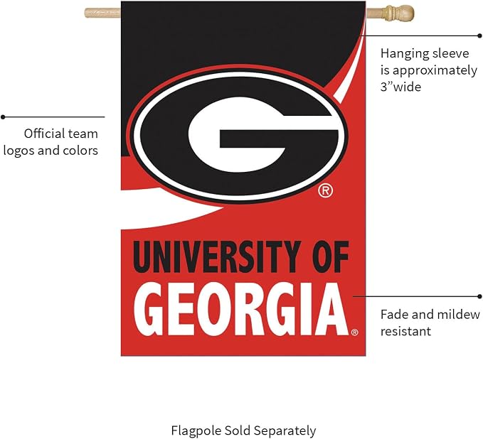 NCAA University of Georgia House Flag, 28 x 44, Double Sided Garden Flags for Outside, Outdoor College Flags & Banners for Gardens Patio, Indoor Wall Decor Flag for Room