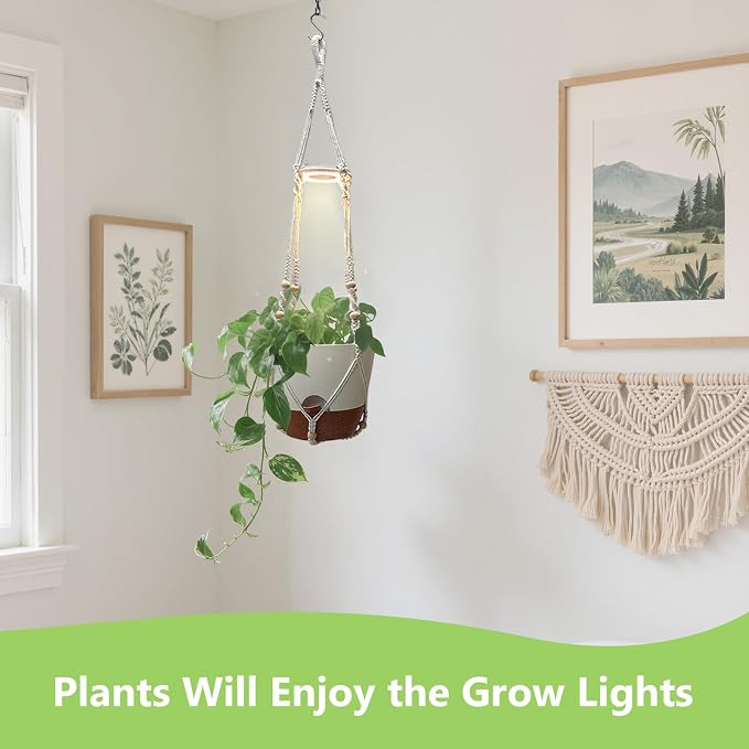 Hanging Planters for Indoor Plants: 2 Pack Macrame Plant Hangers with Grow Lights and Self-Watering Pots, Large Hanging Pots with Drainage Holes & Removable Tray（10in White Pot, GrowPro Spectrum）