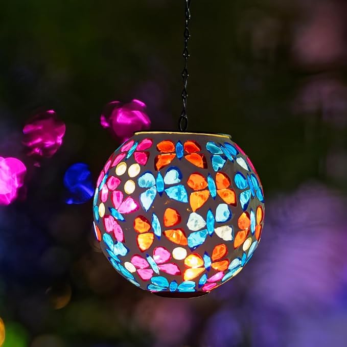 Solar Hanging Lanterns Red Blue Glass Mosaic Gazing Ball Globe Hanging Lantern Lights Outdoor Waterproof for Patio Garden Yard Home Decor (Colorful Butterfly)