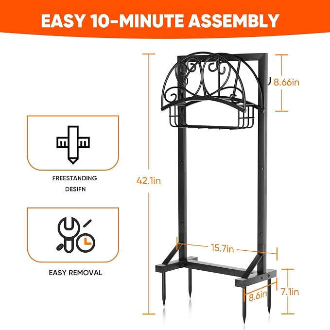 Stable Garden Hose Holder with Storage Basket and Tool Hooks, Heavy-Duty Water Hose Storage Metal Hose Hanger Holds 160Ft, Rustproof Freestanding Hose Holder for Outside,Yard,Lawn,Farm