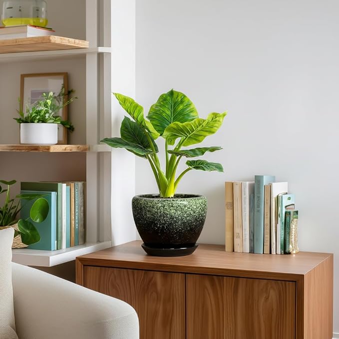 8 Inch Plant Pot - Ceramic Pots for Indoor Plants Outdoor, Round Modern Planter with Drainage Hole and Saucer, Decorative Plant Pot Indoor, Room Decor, House Warming Gifts, Retro Green