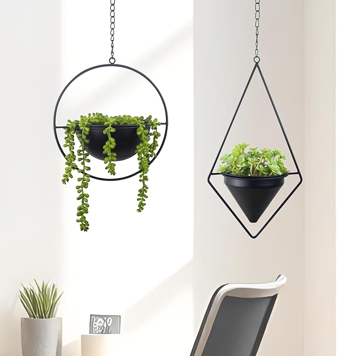 Metal Hanging Planters Set of 2 Modern Indoor Plant Hanger with Round and Diamond Pots, Geometric Small Wall and Ceiling Hanging Plant Holders for Succulents and Herbs, Black Finish