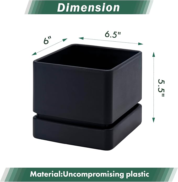 D'vine Dev 6 Inch Herb Planter Pot, Plastic Planter with Drainage Holes and Saucer, Modern Decorative Gardening Pot for Indoor Plants, Flowers, Herbs, Succulents, Black, Set of 3, 76-Y-B3-2