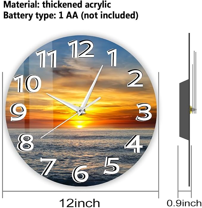 12 Inch Sunset Ocean Wall Clock, Beautiful Landscape Wall Art Clock Large Numbers Easy-to-Read Modern Decorative Silent Non Ticking Wall Watch Clock Battery Operated for Bedroom Living Room