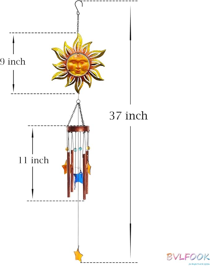 Sun Face Wind Chimes for Outside Decoration, with Star Shape Suncatcher | BVLFOOK; Wind Chimes; Hanging for Porch Patio Balcony Décor; 37 Inch; Aluminium Tubes; indoor & outdoor