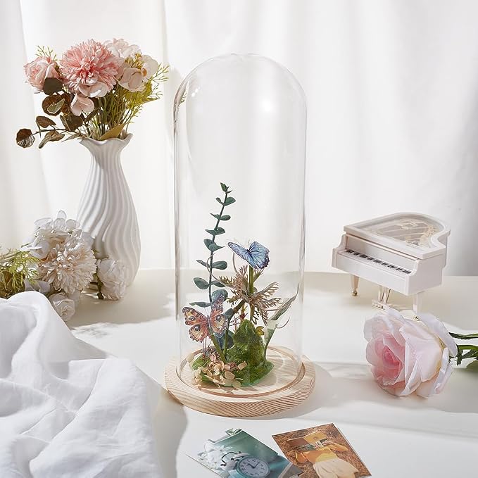 BENECREAT 4.6x12inch Eternal Transparent Flower Glass Cover, Glass Display Dome Cloche Jar with Blanched Almond Solid Wood Base for DIY Flower Craft
