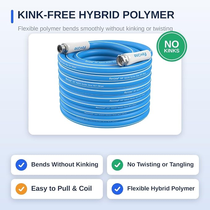 FEVONE Kink Free Garden Hose 75 ft, Heavy Duty Water Hose | Flexible Hybrid Polymer, Drinking Water Safe, 5/8 ID, 600 PSI, Leak-Proof, Aluminum 3/4 GHT Fittings for Garden Watering