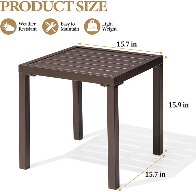 Crestlive Products Outdoor Side Table Set of 2, Small Square Metal End Table Weather Resistant Pool Side Tables for Patio Balcony(Brown)