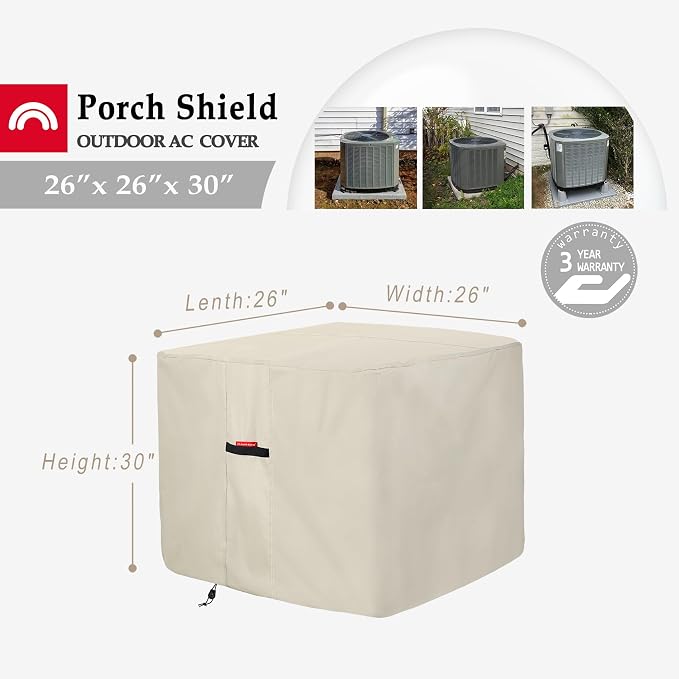 Porch Shield Waterproof AC Covers – Heavy Duty Square Air Conditioner Cover for Outside Unit Up to 26''L x 26'' x 30'', Tan