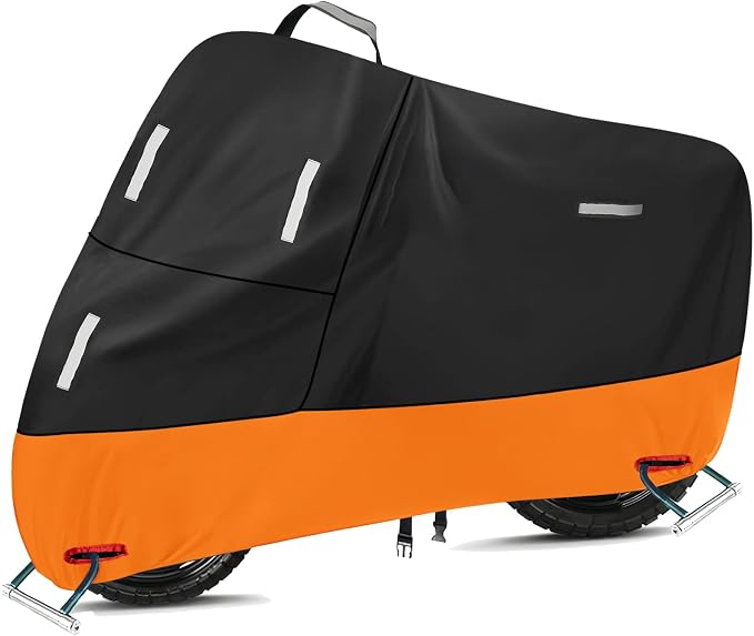 SECELES Waterproof Motorcycle Cover 300d Oxford Heavy Duty Powersports Vehicle Covers with Windproof Buckles Motorcycle Rain Cover for Dirt Bike (XXXL 96" x 37" x 50" Black & Orange)