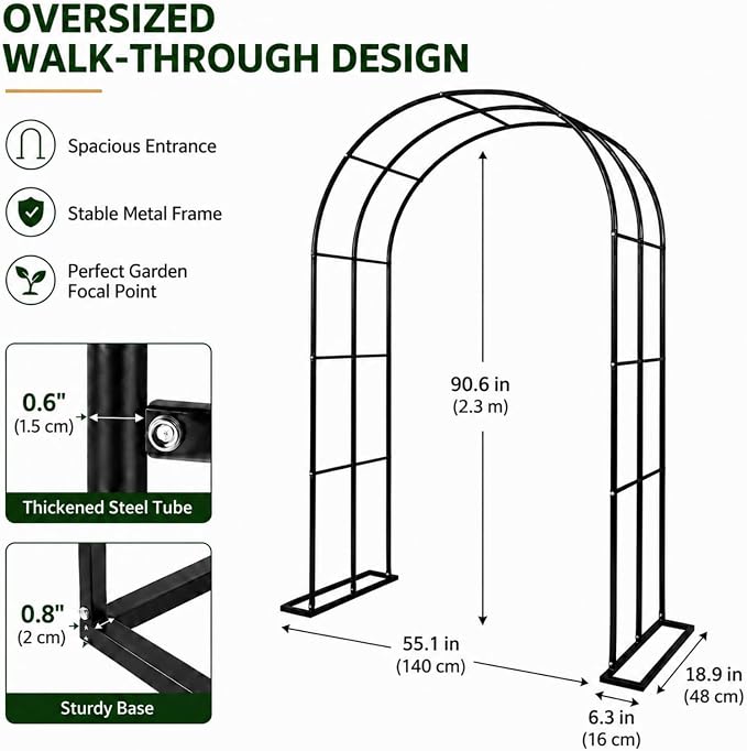 Garden Arch Trellis 55" W x 90" H Metal Arbor for Climbing Plants, Wedding Arch for Ceremony Indoor Outdoor, Black Garden Arbor for Party Decoration Backyard Lawn (Black, 55" W x 90" H)