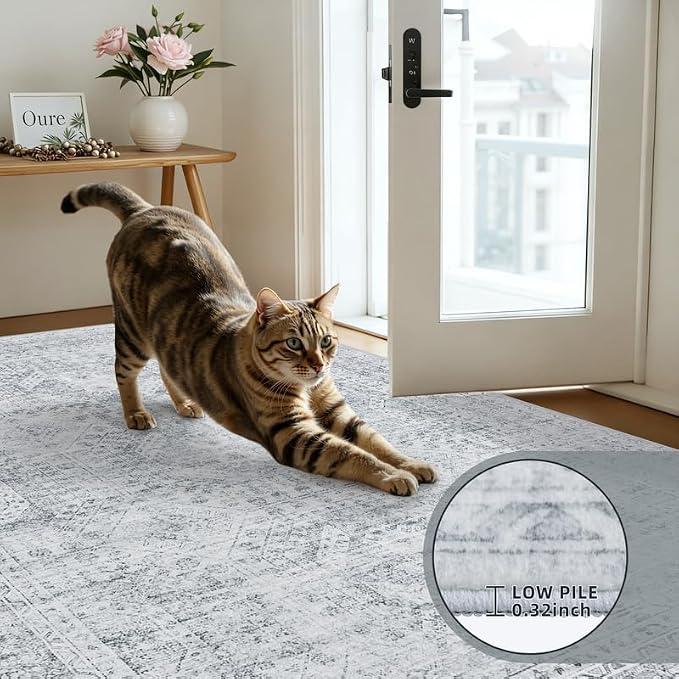 Round Area Rug Living Room: 8ft Neutral Washable Carpet Rug Gray | Vintage Boho Circle Soft Large Circular Carpet Bedroom Nursery Farmhouse Dining Room Indoor Decor Floor Non-Slip Under Table