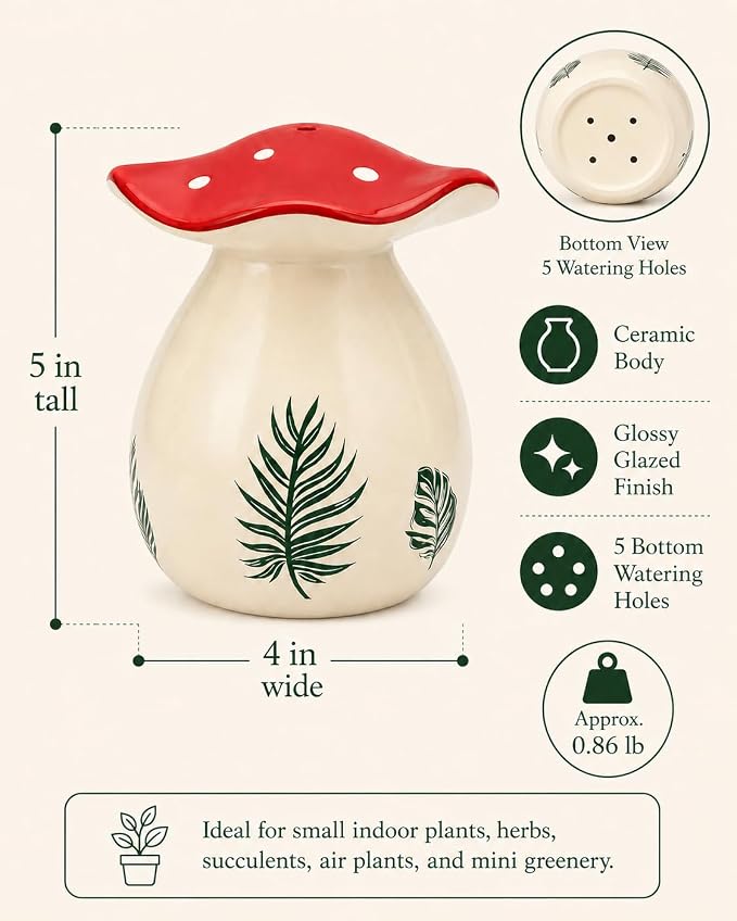 Cute Mushroom Thumb Watering Can, Handmade Ceramic Watering Bell for Small Indoor Plants, Gentle Rain Plant Waterer, Cottagecore Mushroom Decor, Plant Lover Gift