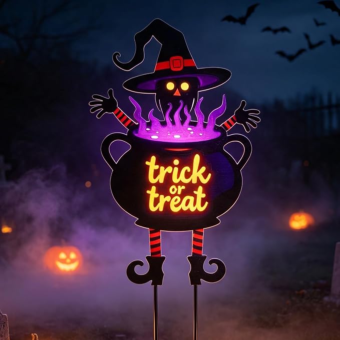 Witch Halloween Decorations Cauldron 39.7" with Trick or Treat Sign | Large Halloween Yard Stakes Metal for Garden, Lawn, and Outdoor Spooky Yard Decorations