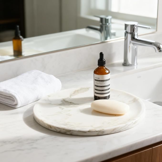 Karibiber Marble Serving Tray, 11.8in Round Vanity Tray for Bathroom Countertop, Calacatta Candle Holder for Coffee Table/Kitchen, Stone Home Decorative Catchall Tray for Perfume