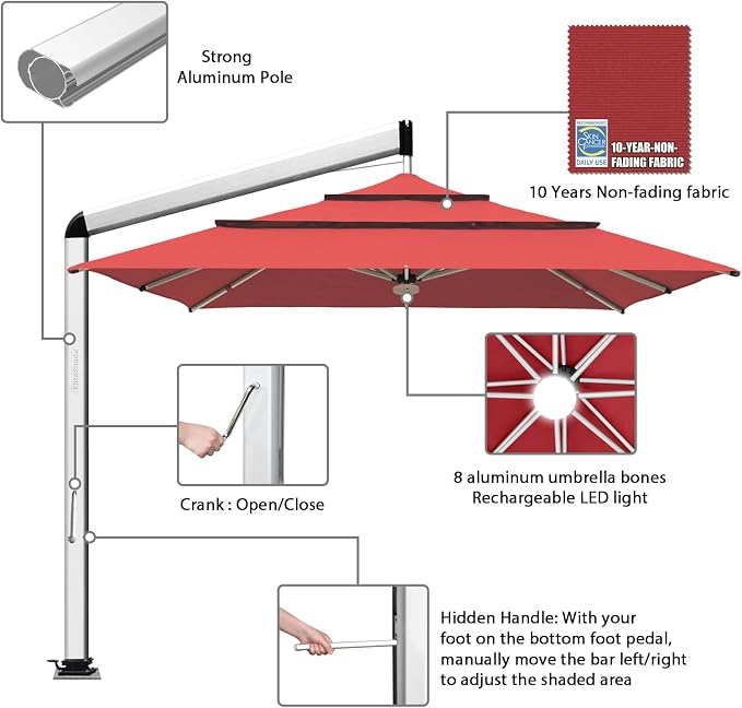 EliteShade USA Atlas 3-Tier 10x10FT Full Aluminum Cantilever Patio Umbrella for Outdoor restaurant Garden Courtyard Deck Pool and Marketing with Light,Red